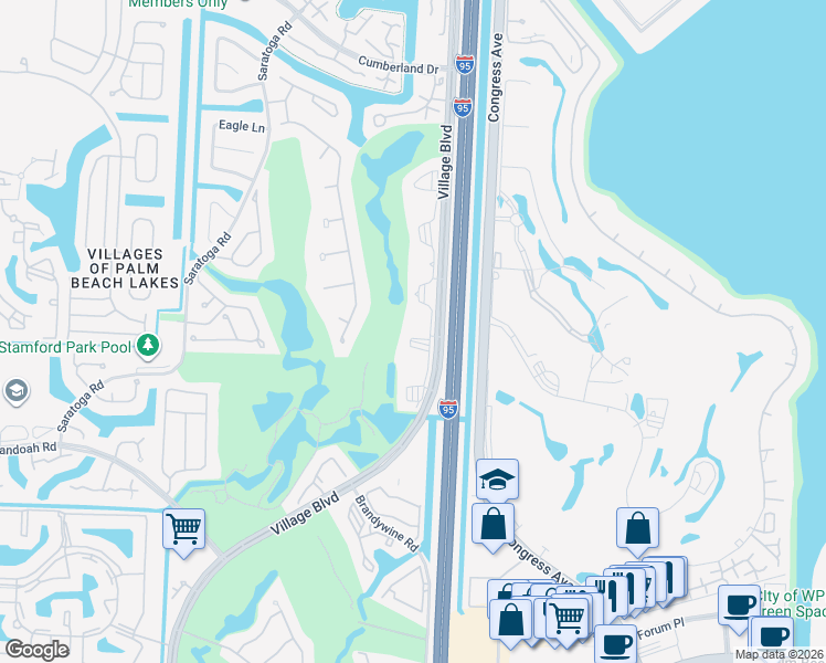 map of restaurants, bars, coffee shops, grocery stores, and more near 2601 Village Boulevard in West Palm Beach