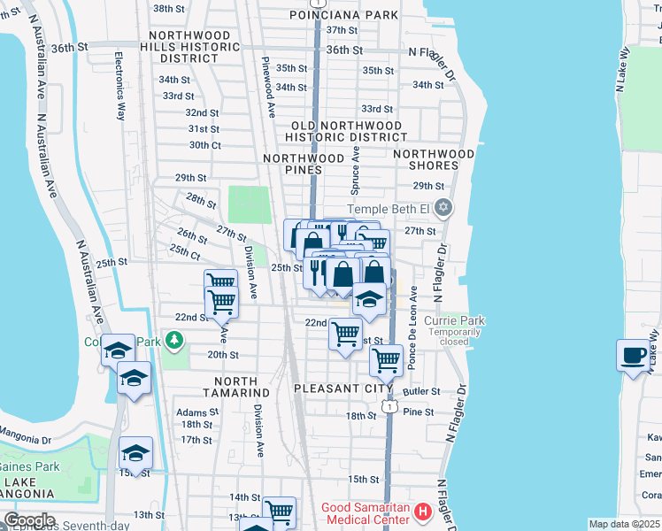 map of restaurants, bars, coffee shops, grocery stores, and more near 523 25th Street in West Palm Beach