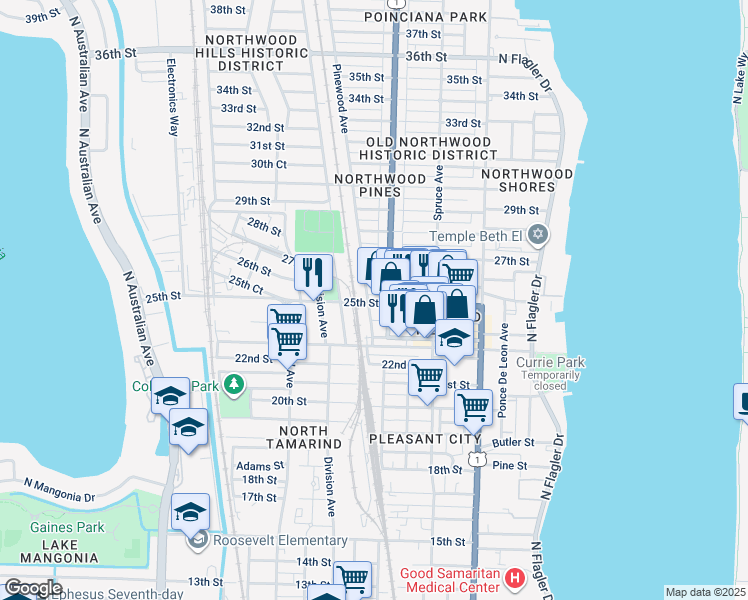 map of restaurants, bars, coffee shops, grocery stores, and more near 2501 Pinewood Avenue in West Palm Beach