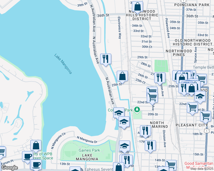 map of restaurants, bars, coffee shops, grocery stores, and more near 2617 North Australian Avenue in West Palm Beach