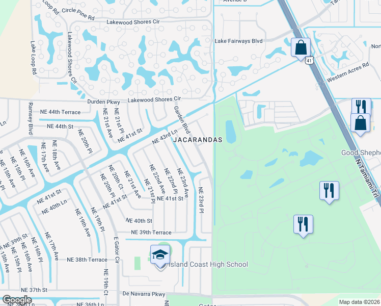 map of restaurants, bars, coffee shops, grocery stores, and more near 4210 Northeast 23rd Place in Cape Coral