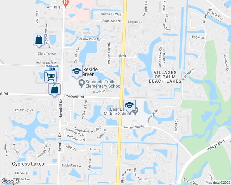 map of restaurants, bars, coffee shops, grocery stores, and more near Brook Circle East in West Palm Beach