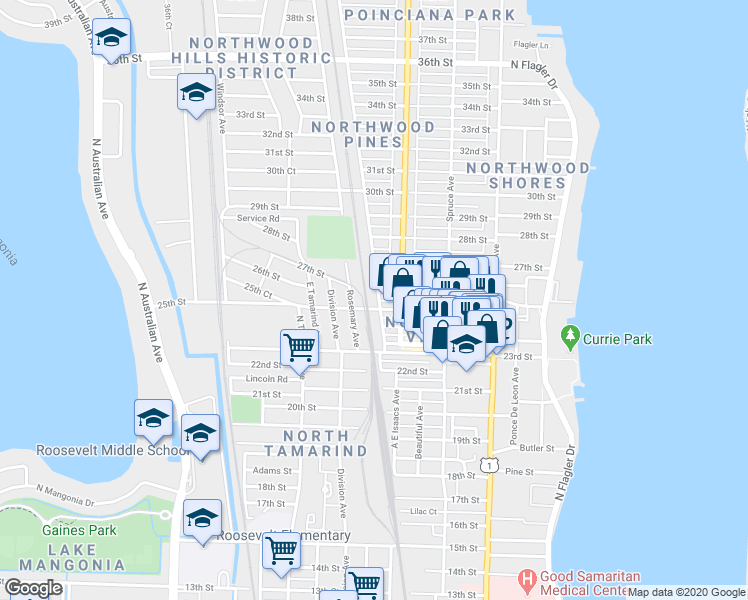 map of restaurants, bars, coffee shops, grocery stores, and more near 2603 Pinewood Avenue in West Palm Beach
