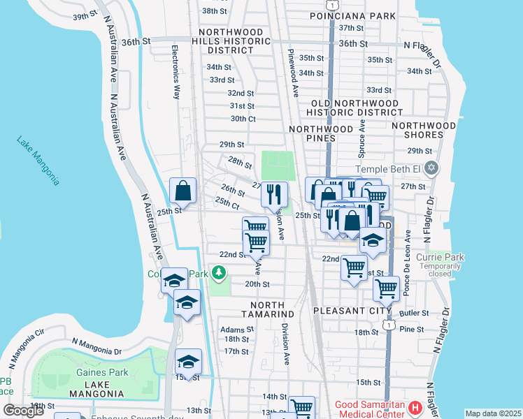map of restaurants, bars, coffee shops, grocery stores, and more near 2400 North Tamarind Avenue in West Palm Beach