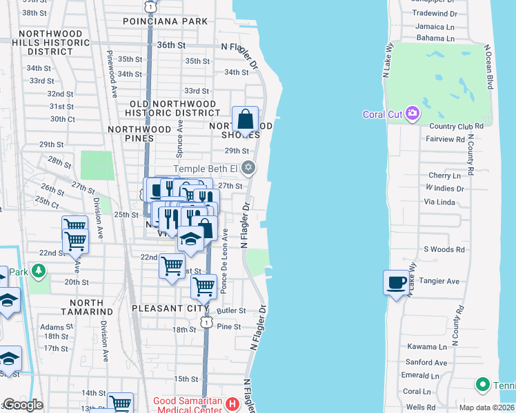 map of restaurants, bars, coffee shops, grocery stores, and more near 2600 North Flagler Drive in West Palm Beach