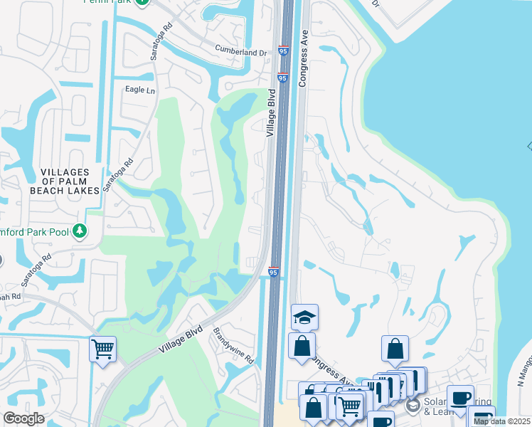 map of restaurants, bars, coffee shops, grocery stores, and more near 3057 Village Boulevard in West Palm Beach