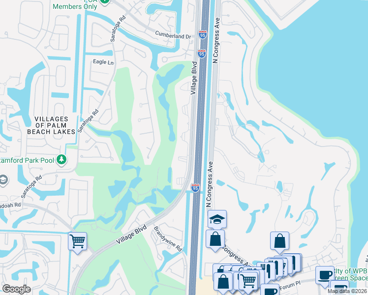 map of restaurants, bars, coffee shops, grocery stores, and more near 2701 Village Boulevard in West Palm Beach