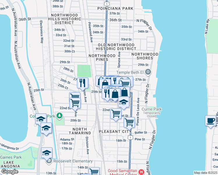 map of restaurants, bars, coffee shops, grocery stores, and more near 2700 Broadway Avenue in West Palm Beach