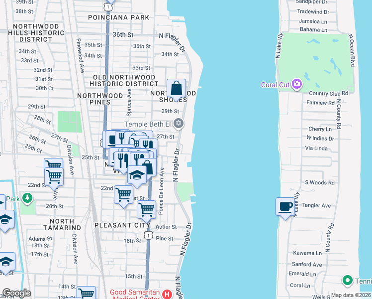 map of restaurants, bars, coffee shops, grocery stores, and more near 2701 North Flagler Drive in West Palm Beach