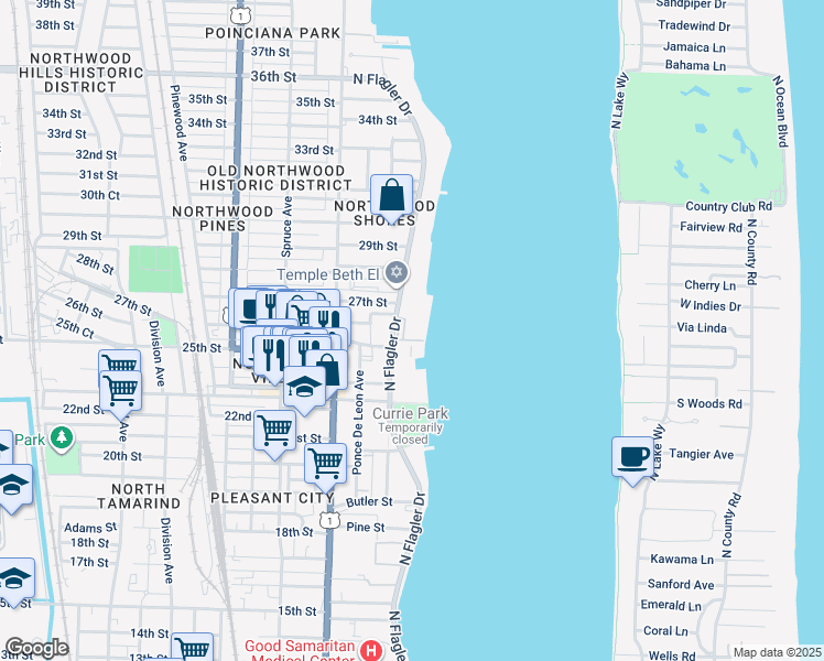 map of restaurants, bars, coffee shops, grocery stores, and more near 2701 North Flagler Drive in West Palm Beach