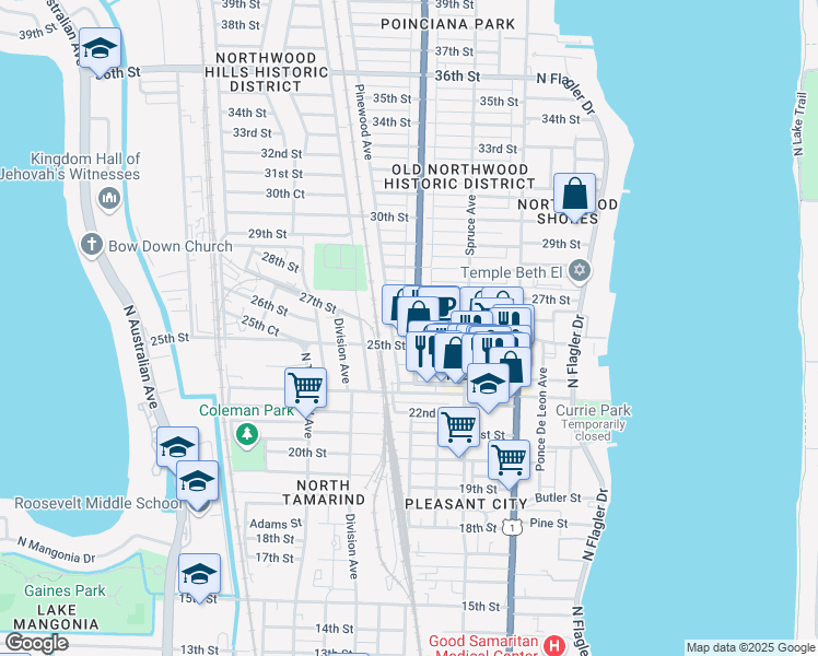 map of restaurants, bars, coffee shops, grocery stores, and more near 2700 Broadway Avenue in West Palm Beach