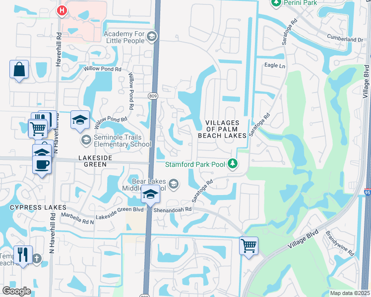 map of restaurants, bars, coffee shops, grocery stores, and more near 4160 Bear Lakes Court in West Palm Beach
