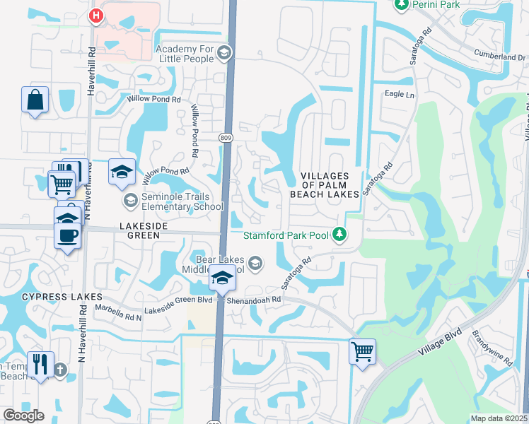 map of restaurants, bars, coffee shops, grocery stores, and more near 4160 Bear Lakes Court in West Palm Beach