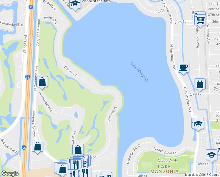 map of restaurants, bars, coffee shops, grocery stores, and more near 2434 Embassy Dr in West Palm Beach