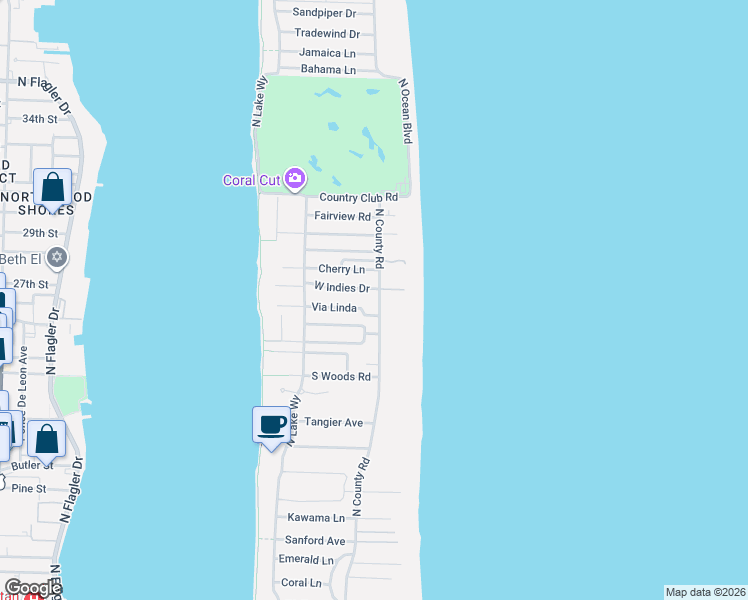 map of restaurants, bars, coffee shops, grocery stores, and more near 650 North County Road in Palm Beach