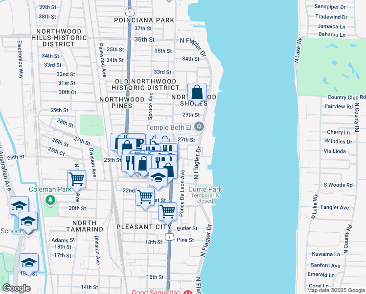 map of restaurants, bars, coffee shops, grocery stores, and more near 305 Golf Road in West Palm Beach