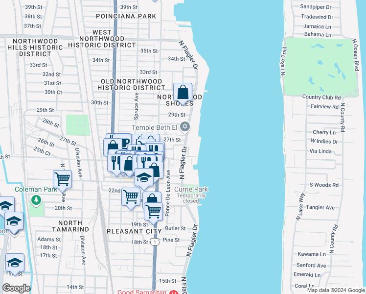 map of restaurants, bars, coffee shops, grocery stores, and more near 2701 North Flagler Drive in West Palm Beach