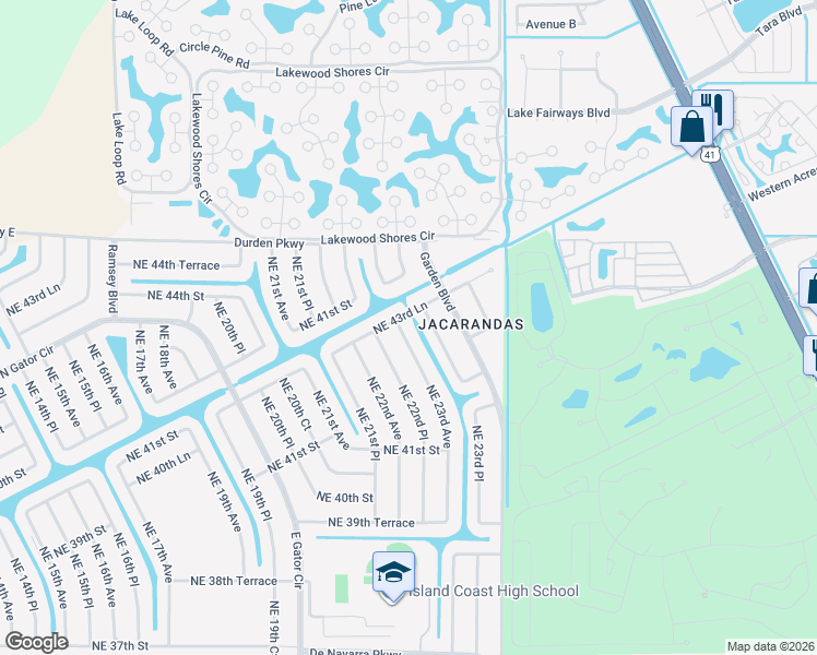 map of restaurants, bars, coffee shops, grocery stores, and more near 4233 NE 23rd Ave in Cape Coral