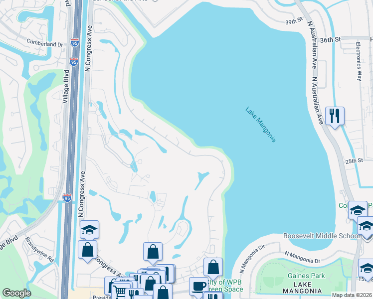 map of restaurants, bars, coffee shops, grocery stores, and more near 6 Interlachen Circle in West Palm Beach