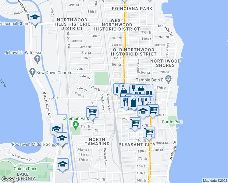 map of restaurants, bars, coffee shops, grocery stores, and more near 2715 Pinewood Avenue in West Palm Beach
