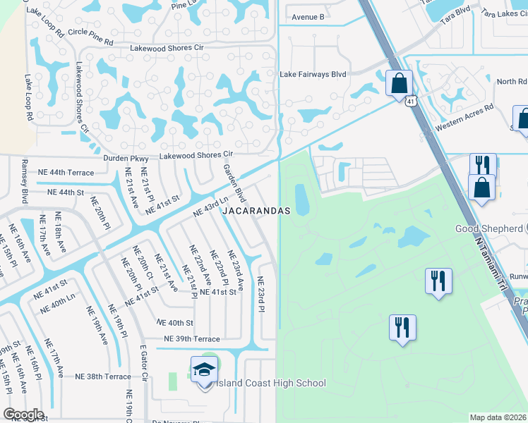map of restaurants, bars, coffee shops, grocery stores, and more near 4302 Northeast 24th Place in Cape Coral