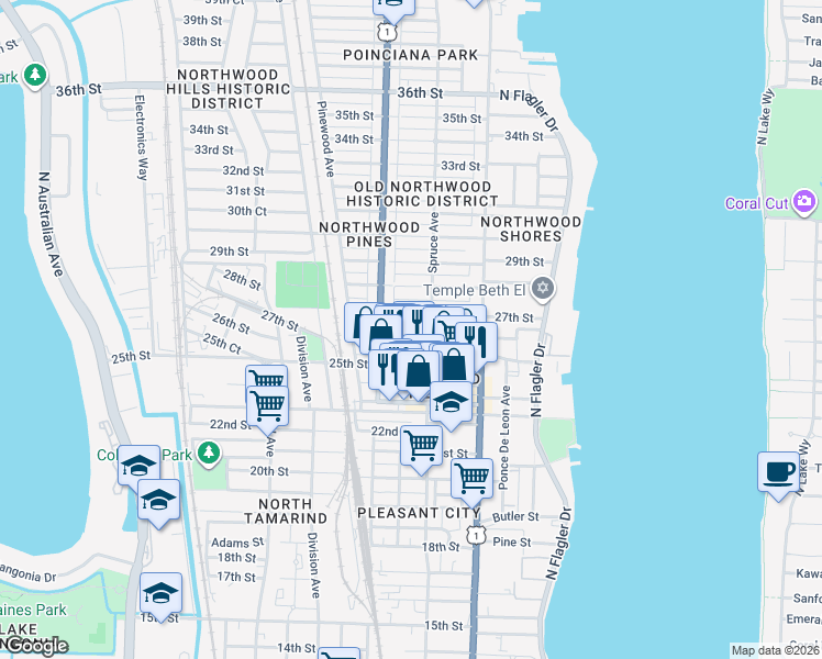 map of restaurants, bars, coffee shops, grocery stores, and more near 517 26th Street in West Palm Beach