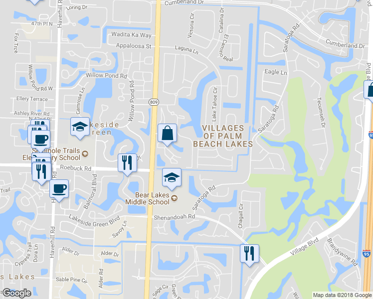 map of restaurants, bars, coffee shops, grocery stores, and more near 4160 Bear Lakes Court in West Palm Beach