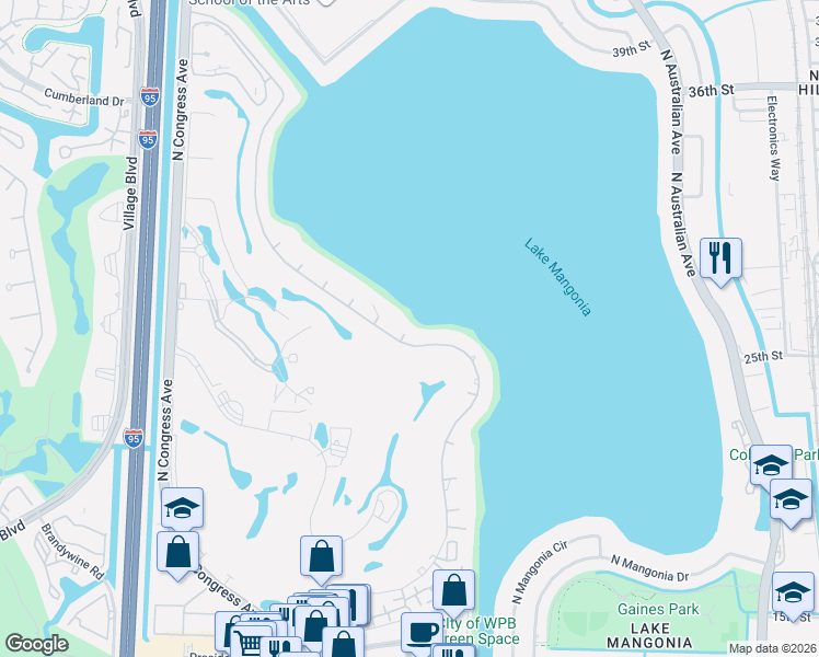 map of restaurants, bars, coffee shops, grocery stores, and more near 6 Interlachen Circle in West Palm Beach