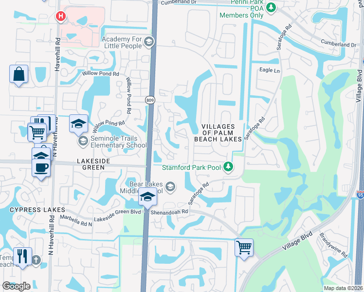 map of restaurants, bars, coffee shops, grocery stores, and more near 4101 San Marino Boulevard in West Palm Beach