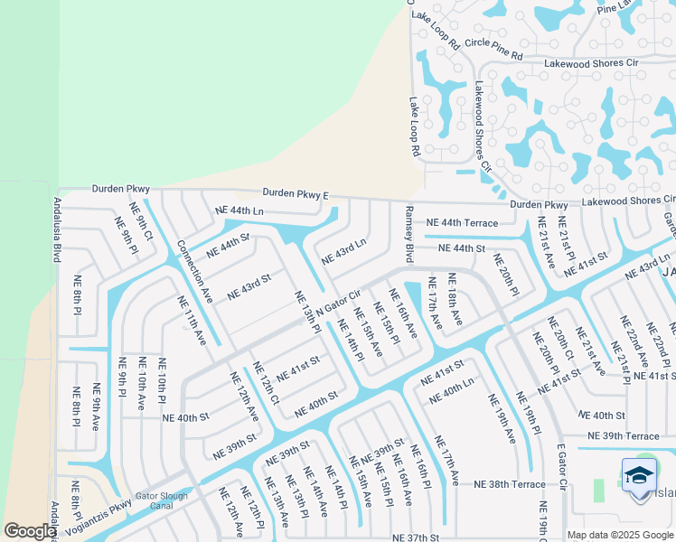map of restaurants, bars, coffee shops, grocery stores, and more near 1405 Northeast 43rd Terrace in Cape Coral