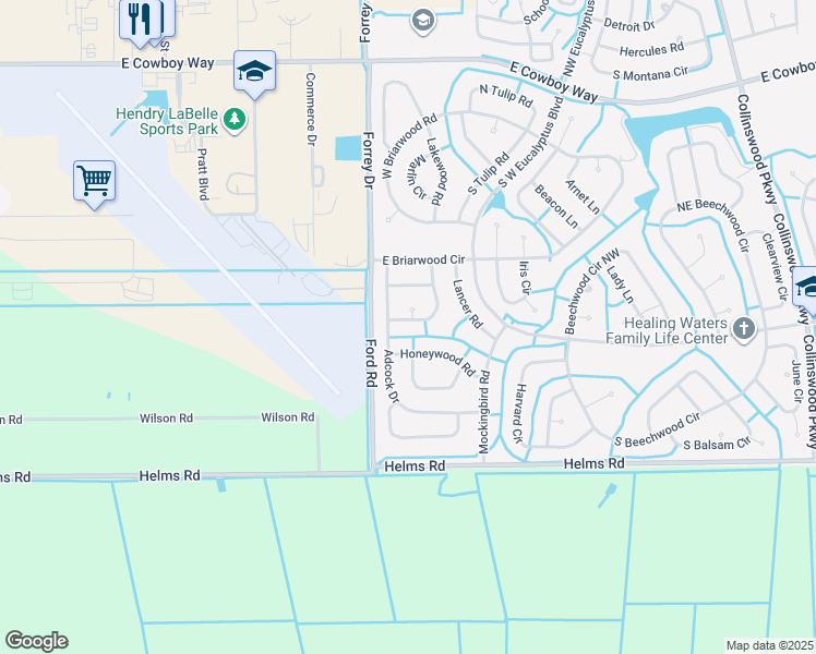 map of restaurants, bars, coffee shops, grocery stores, and more near 3027 Cherry Lane in LaBelle