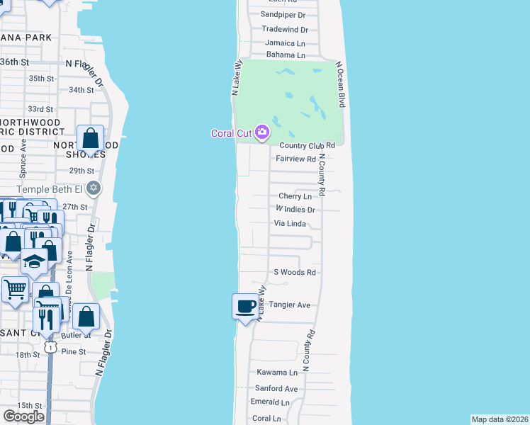 map of restaurants, bars, coffee shops, grocery stores, and more near 300 Polmer Park Road in Palm Beach