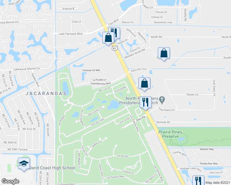 map of restaurants, bars, coffee shops, grocery stores, and more near 5400 Via Estrella in North Fort Myers