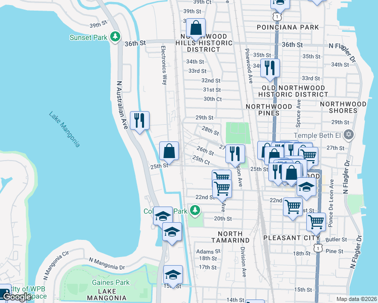 map of restaurants, bars, coffee shops, grocery stores, and more near 1029 25th Court in West Palm Beach