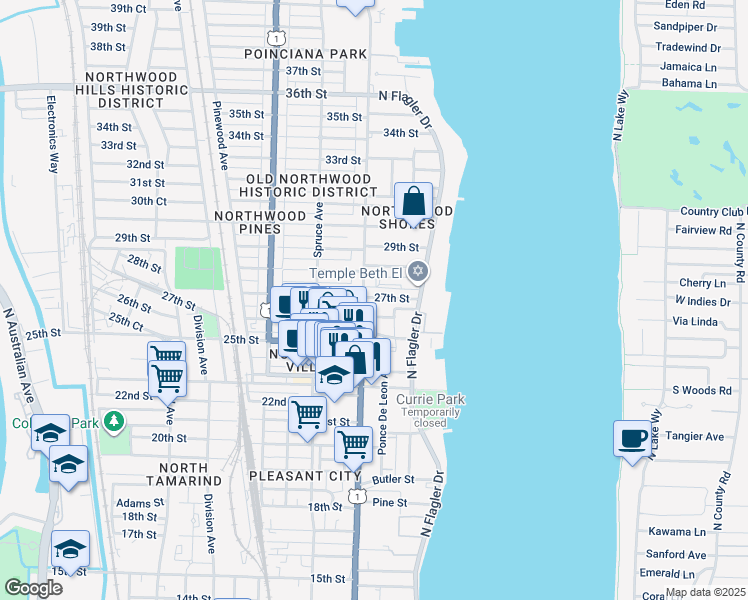 map of restaurants, bars, coffee shops, grocery stores, and more near 305 Golf Road in West Palm Beach