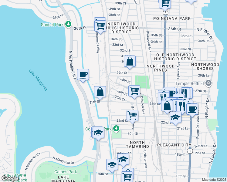 map of restaurants, bars, coffee shops, grocery stores, and more near 1029 25th Court in West Palm Beach