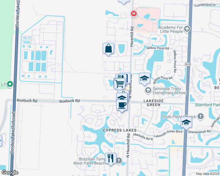 map of restaurants, bars, coffee shops, grocery stores, and more near 5015 Roebuck Road in West Palm Beach