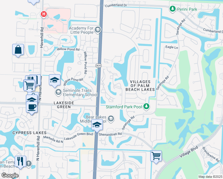 map of restaurants, bars, coffee shops, grocery stores, and more near 4160 Bear Lakes Court in West Palm Beach
