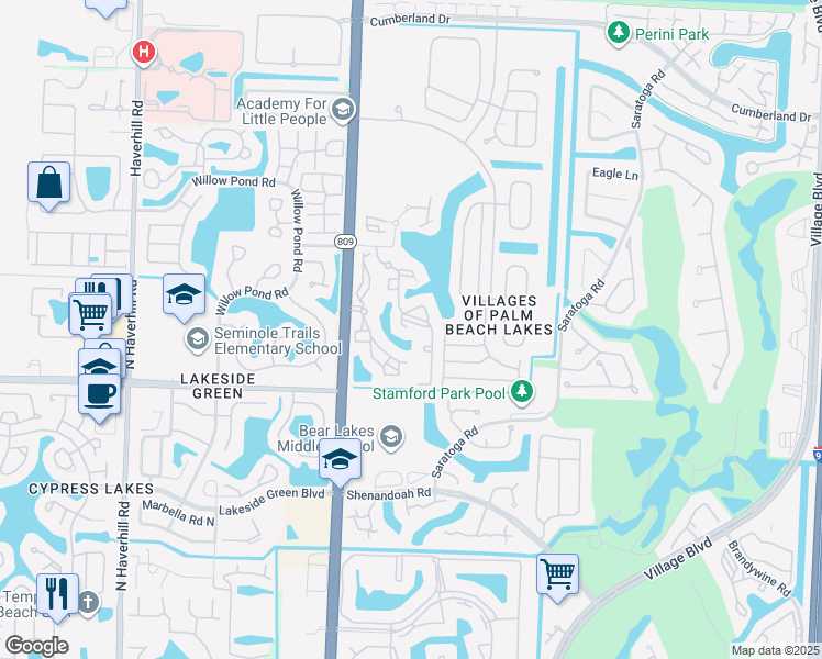 map of restaurants, bars, coffee shops, grocery stores, and more near 4160 Bear Lakes Court in West Palm Beach