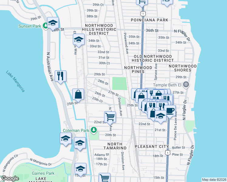 map of restaurants, bars, coffee shops, grocery stores, and more near 2711 East Tamarind Avenue in West Palm Beach