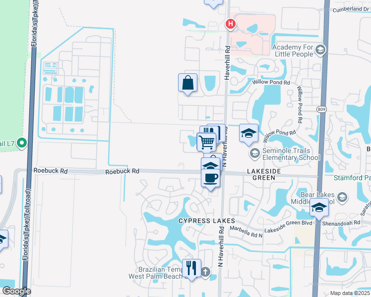 map of restaurants, bars, coffee shops, grocery stores, and more near 5015 Roebuck Road in West Palm Beach