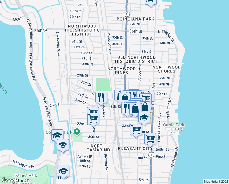 map of restaurants, bars, coffee shops, grocery stores, and more near 2715 Pinewood Avenue in West Palm Beach