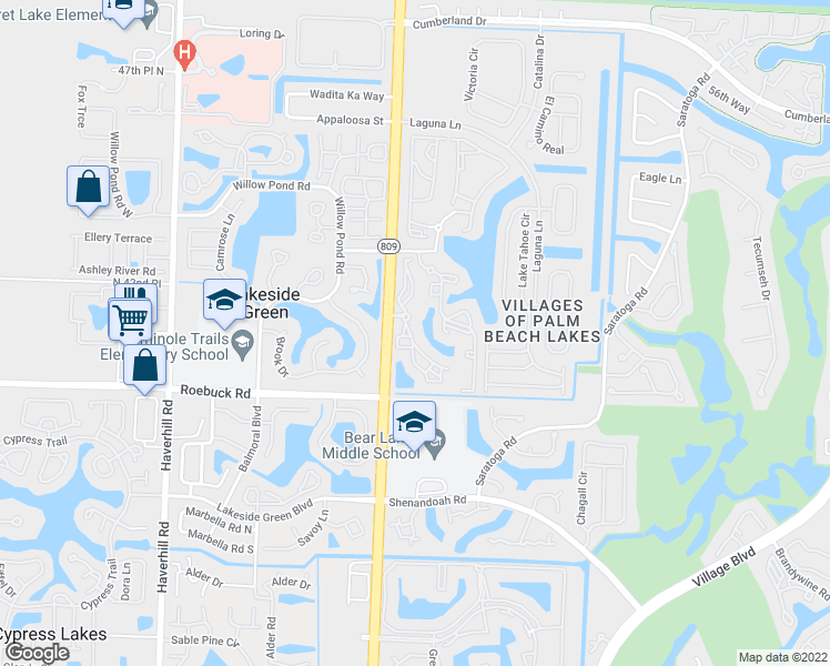map of restaurants, bars, coffee shops, grocery stores, and more near 4114 Bear Lakes Court in West Palm Beach