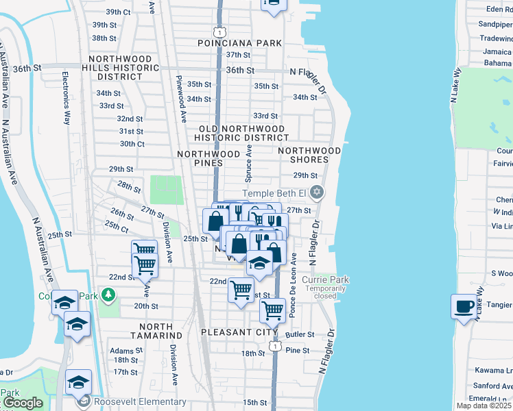 map of restaurants, bars, coffee shops, grocery stores, and more near 433 27th Street in West Palm Beach