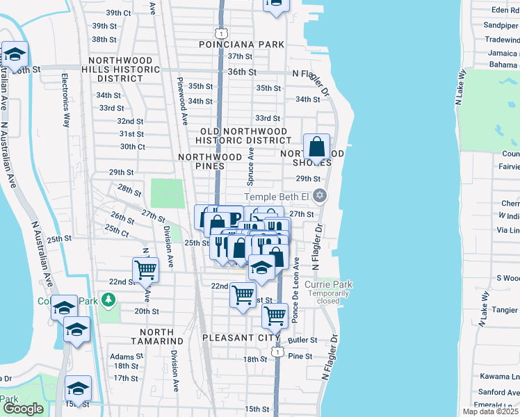 map of restaurants, bars, coffee shops, grocery stores, and more near 416 28th Street in West Palm Beach