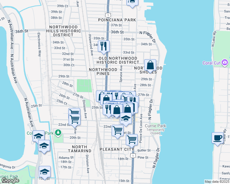 map of restaurants, bars, coffee shops, grocery stores, and more near 519 27th Street in West Palm Beach