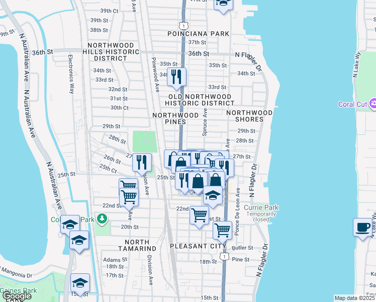 map of restaurants, bars, coffee shops, grocery stores, and more near 538 28th Street in West Palm Beach