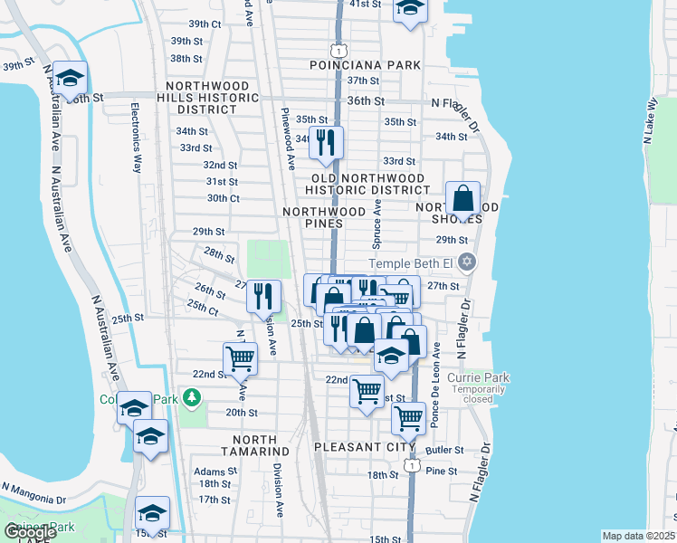 map of restaurants, bars, coffee shops, grocery stores, and more near 538 28th Street in West Palm Beach