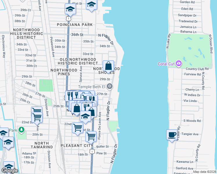 map of restaurants, bars, coffee shops, grocery stores, and more near 2835 North Flagler Drive in West Palm Beach