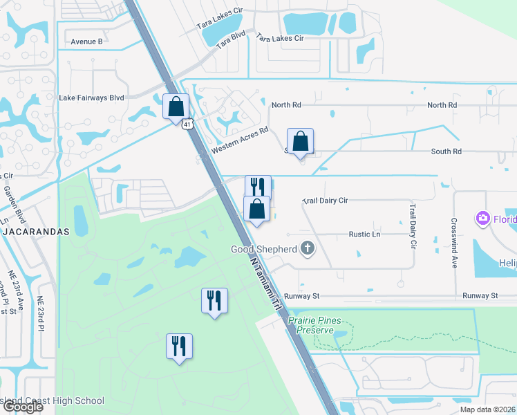map of restaurants, bars, coffee shops, grocery stores, and more near 18900 Del Tura Plaza Lane in North Fort Myers